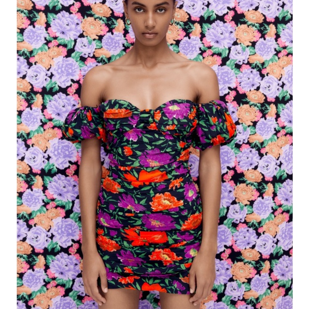 NEW! Zara Floral Print Off the Shoulder Mini Dress - Picture 6 of 13